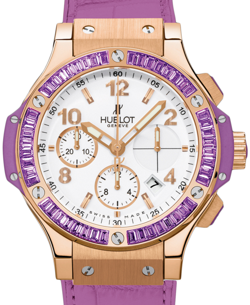 Hublot Tutti Frutti 341.PV.2010.LR.1905 White Arabic Baguette Amethysts Bezel Rose Gold & Purple Leather 41mm BRAND NEW