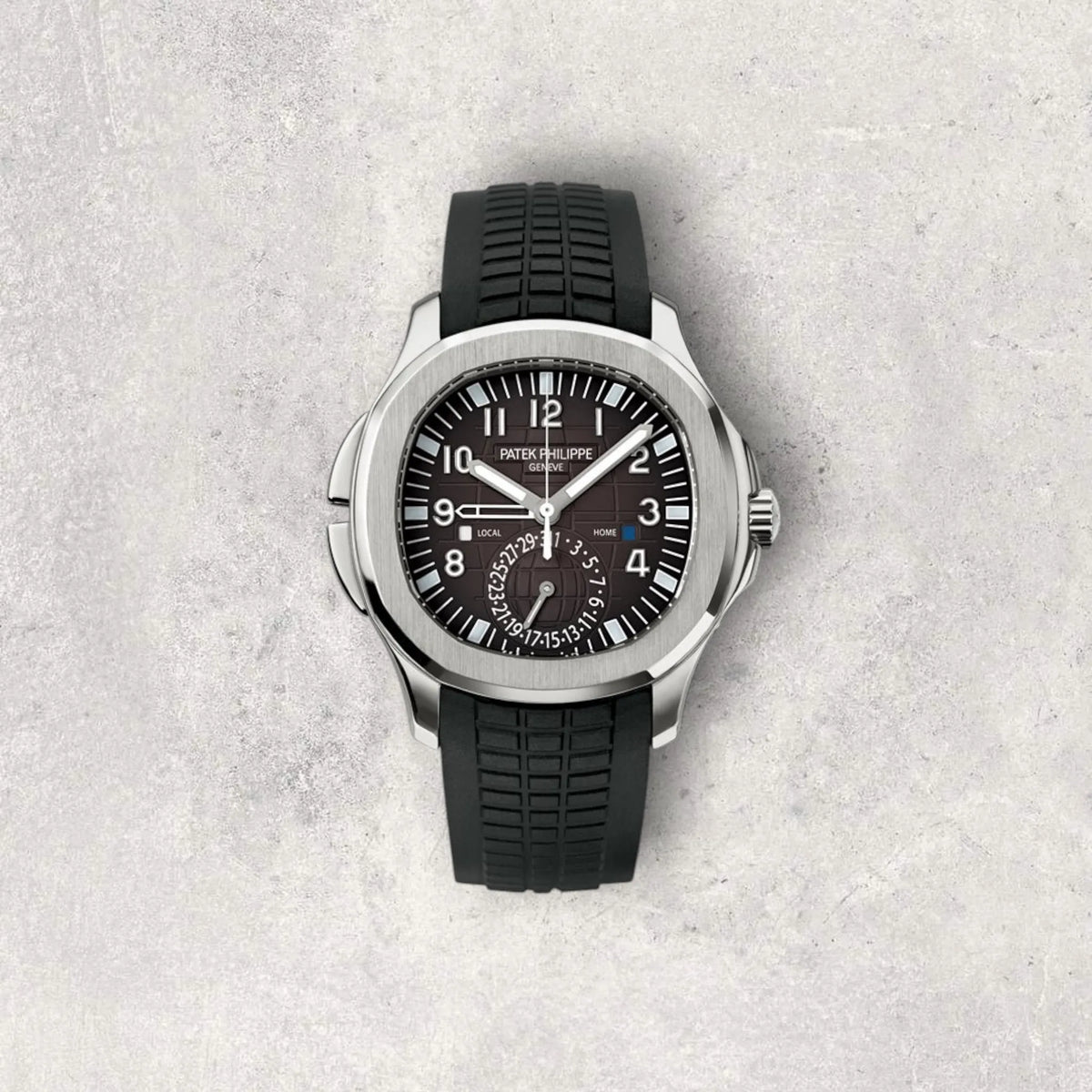 Patek Philippe Aquanaut 5164A-001 Travel Time in stainless steel with black embossed dial