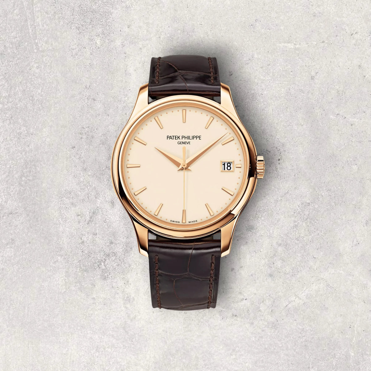Patek Philippe Calatrava 5227R-001 in rose gold with ivory dial on a leather strap, the reference dress watch