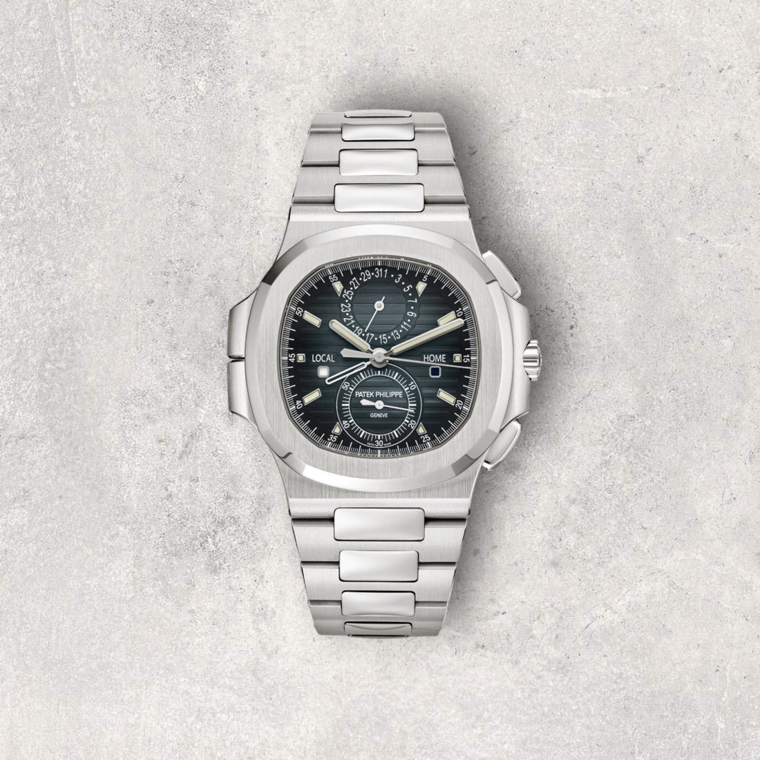 Patek Philippe Nautilus 5990/1A-001 Travel Time Chronograph in steel with blue dial and integrated bracelet