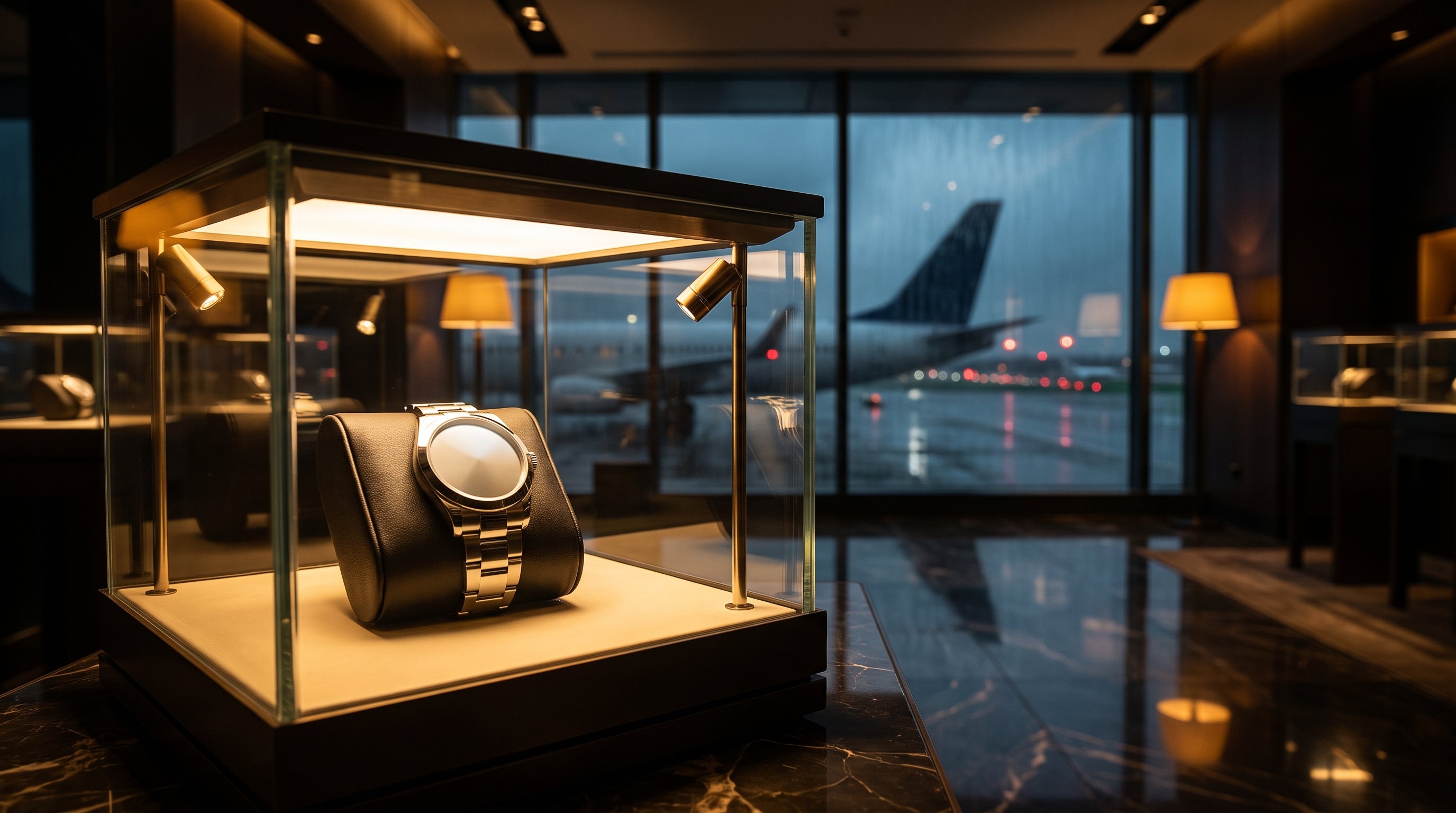 Luxury watch in a glowing airport boutique display case at night, with a jet visible on the tarmac through the terminal window behind it