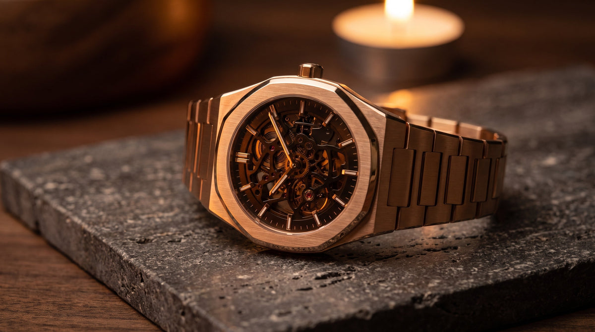 Audemars Piguet Royal Oak Double Balance Wheel Openworked 15467OR rose gold skeleton watch resting on dark travertine in low warm light