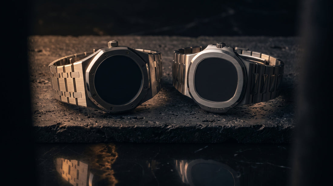 Two steel luxury sports watches with integrated bracelets facing each other on dark travertine under warm low-key rim lighting
