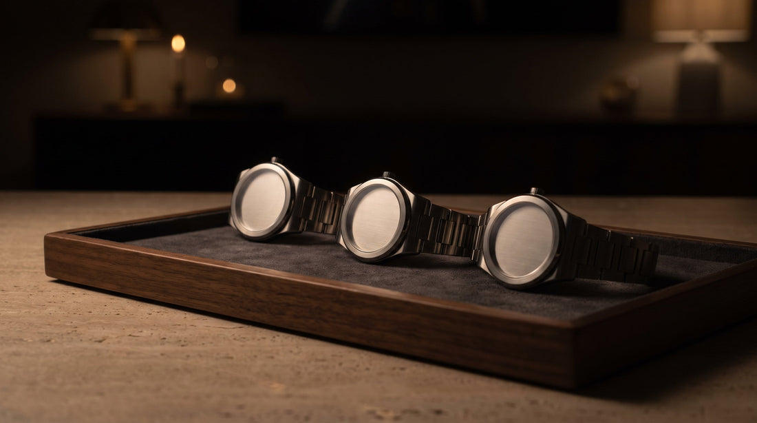 Three steel luxury watches on a dark walnut dealer's tray under warm low-key lighting in a dim showroom