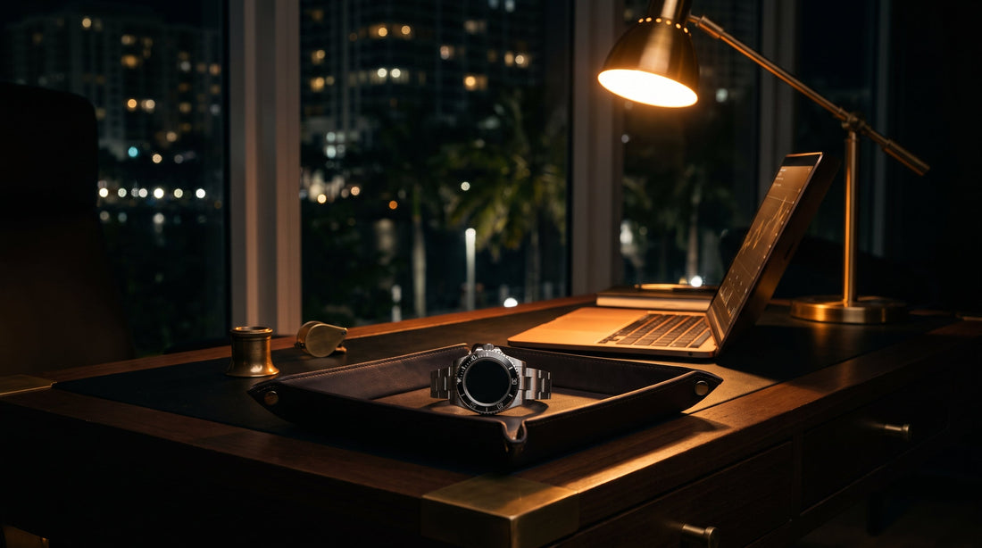 Luxury steel watch on a leather tray beside a loupe and laptop on a dealer's desk at night