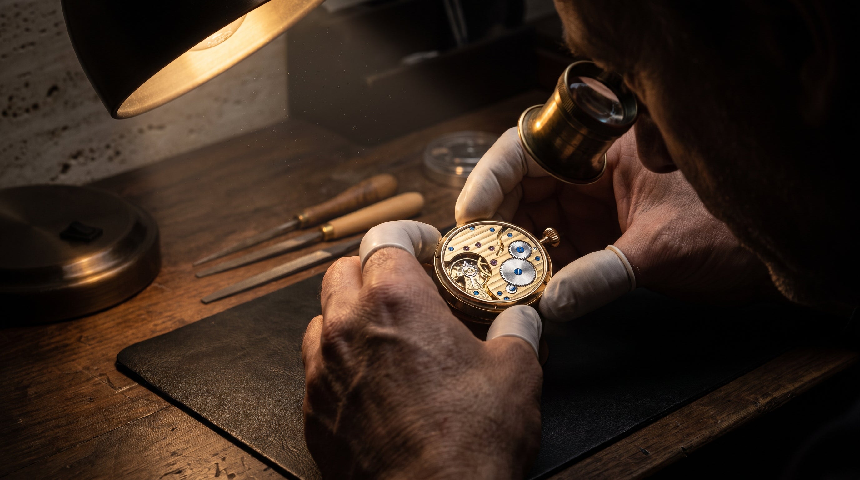 Watchmaker hand-finishing a decorated mechanical movement under a single bench lamp, the kind of hours-long hand craft that makes Patek Philippe craftsmanship legendary