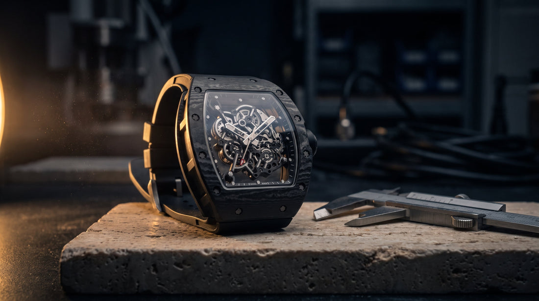 Skeletonized tonneau-shaped sports watch with a dark carbon-textured case standing on travertine in low warm rim light
