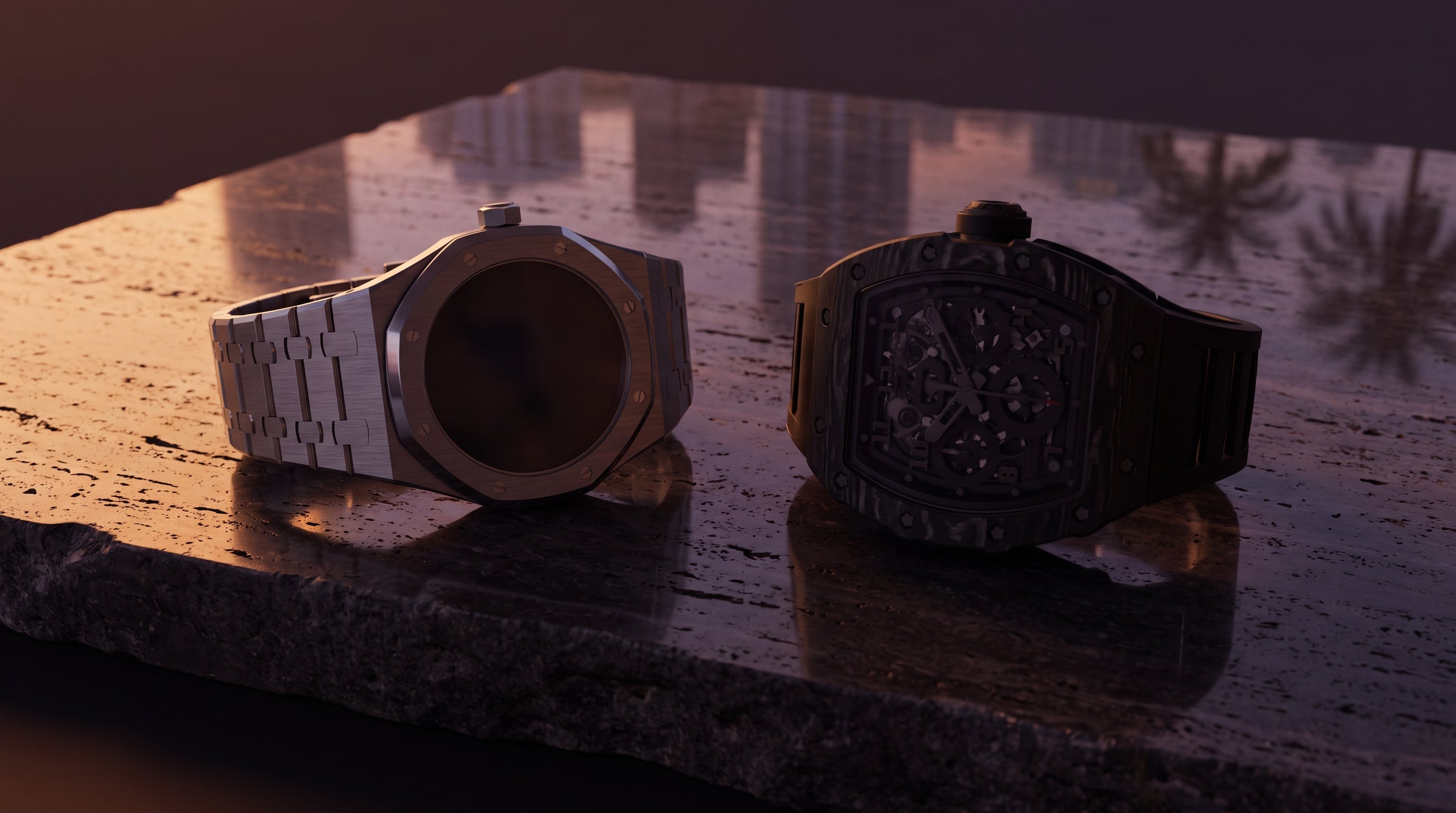 A steel integrated-bracelet sports watch and a tonneau-shaped avant-garde watch face off on dark travertine, framing the Audemars Piguet vs Richard Mille decision.
