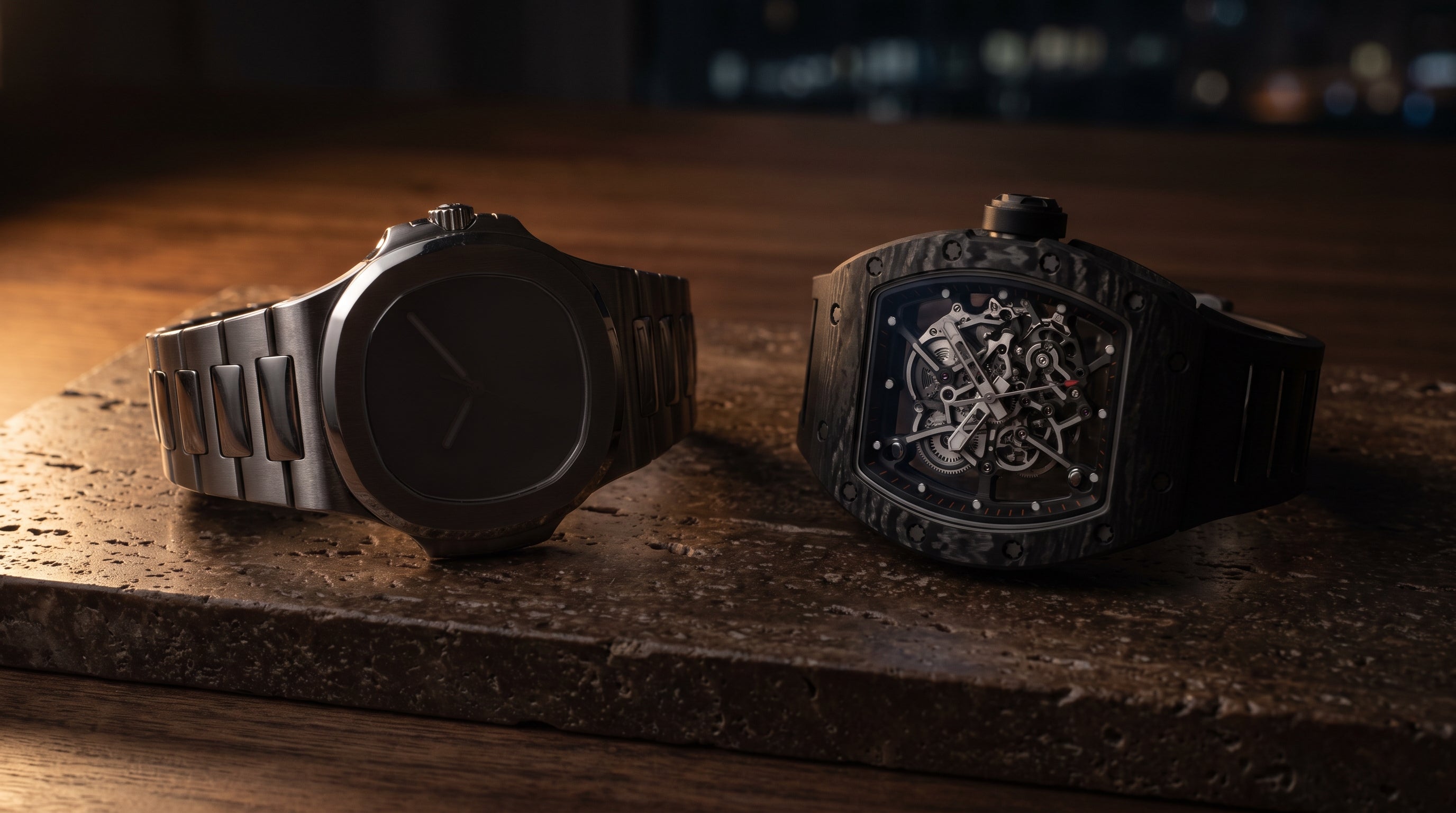 A steel luxury sports watch and a skeletonized tonneau-shaped carbon watch side by side on dark travertine under warm low-key light