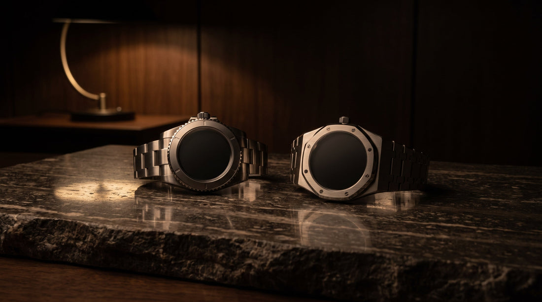 Two steel luxury sports watches side by side on dark travertine, one with a round bezel and one with an octagonal bezel and integrated bracelet, lit by warm low-key light.