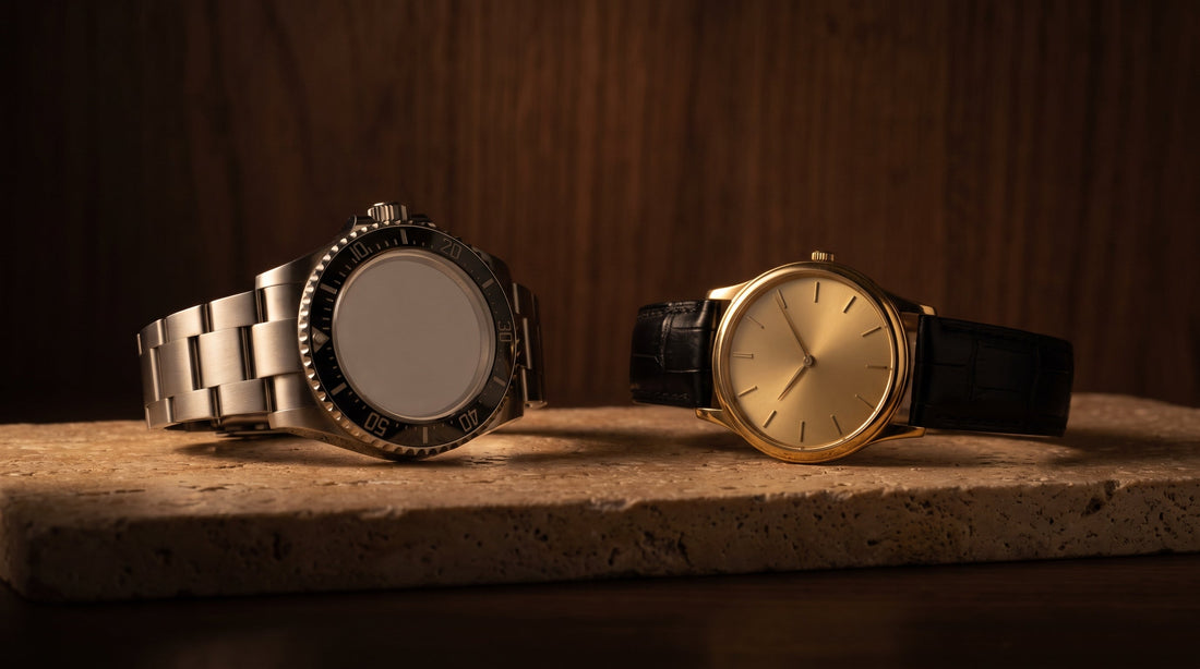 A steel dive watch and a slim gold dress watch side by side on travertine stone in low warm light