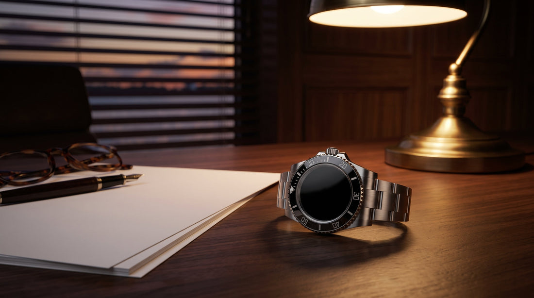 Luxury watch on a dealer's desk beside blank paperwork and a fountain pen, illustrating the true all-in cost of buying a Rolex online including sales tax