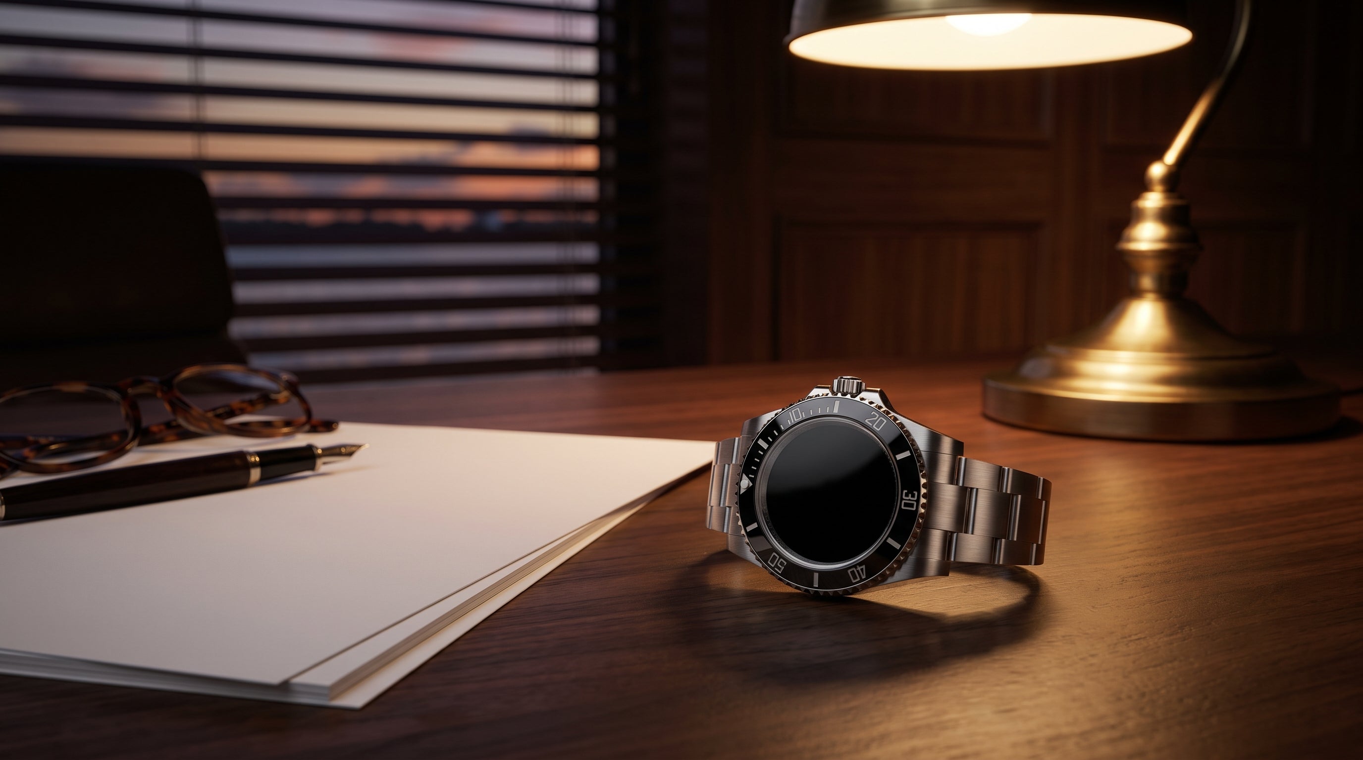 Luxury watch on a dealer's desk beside blank paperwork and a fountain pen, illustrating the true all-in cost of buying a Rolex online including sales tax
