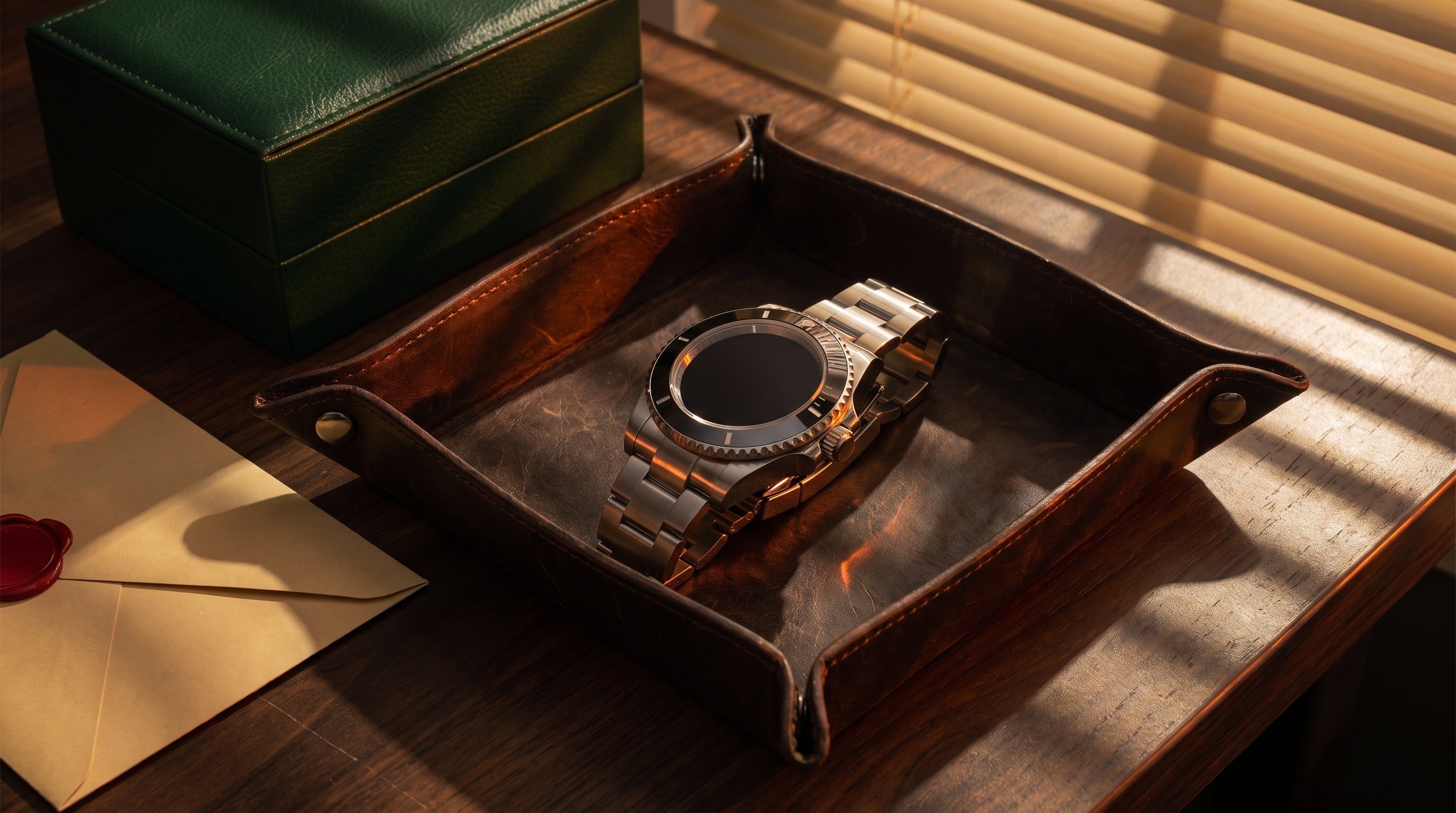 Steel luxury watch on a leather dealer's tray beside its box and papers on a walnut desk