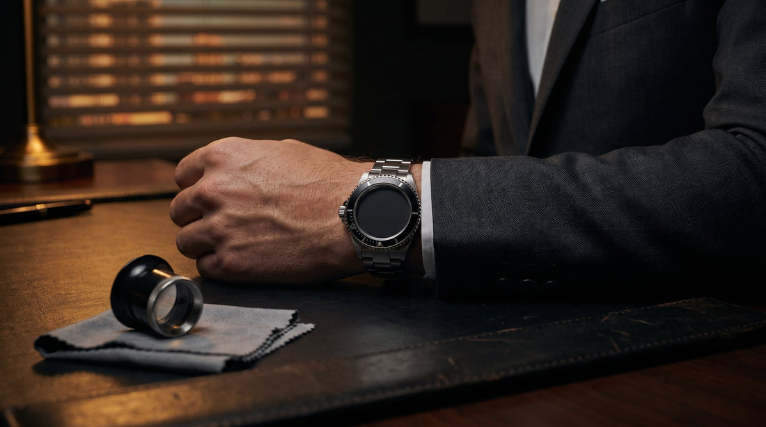 Rolex Submariner style dive watch worn on the wrist at a dealer's desk during an evening valuation