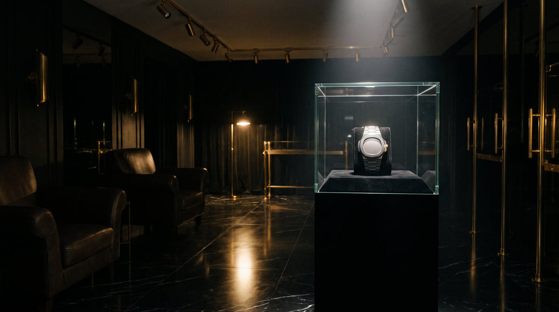 Single steel sports watch spotlit in a glass display case inside a dark, empty luxury watch boutique at night