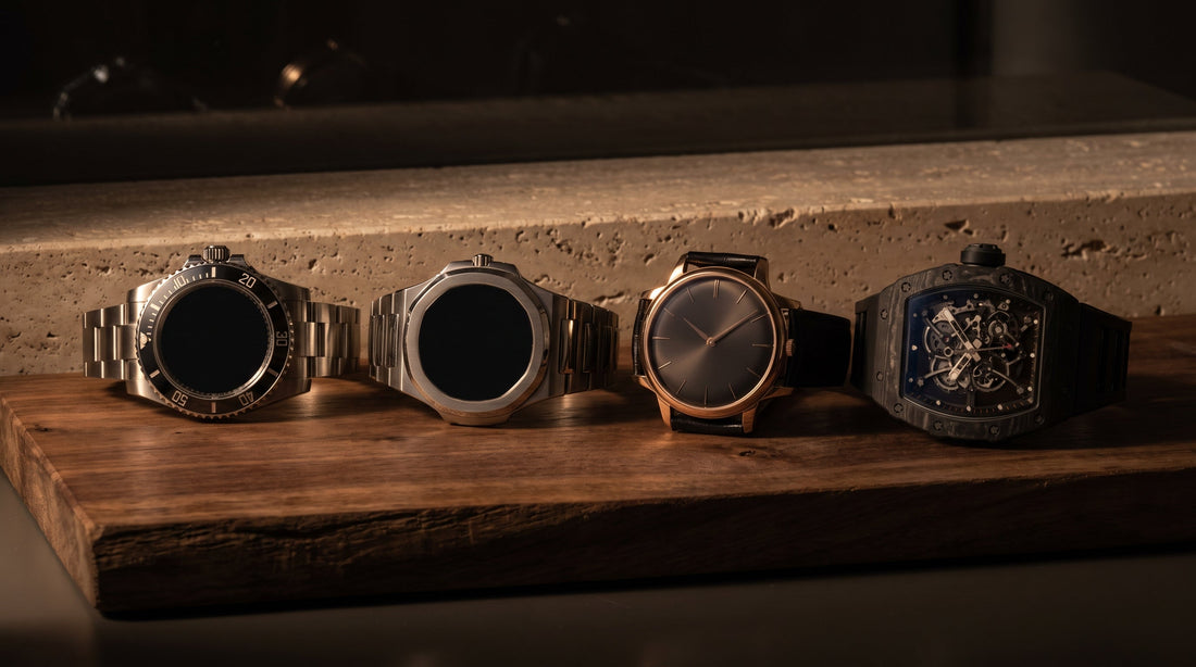 Four luxury watches compared side by side on a dealer's dark walnut desk — a steel diver, an integrated-bracelet sports watch, a gold dress watch, and a skeletonized tonneau-shaped watch