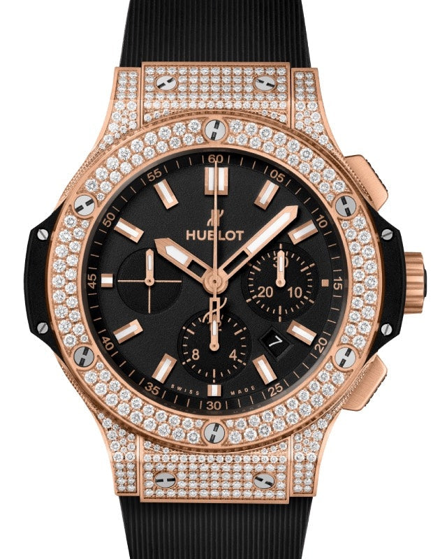 Hublot Big Bang Original Chronograph Gold Pave Diamonds 44mm Black Dial Rubber Strap 301.PX.1180.RX.1704 - BRAND NEW