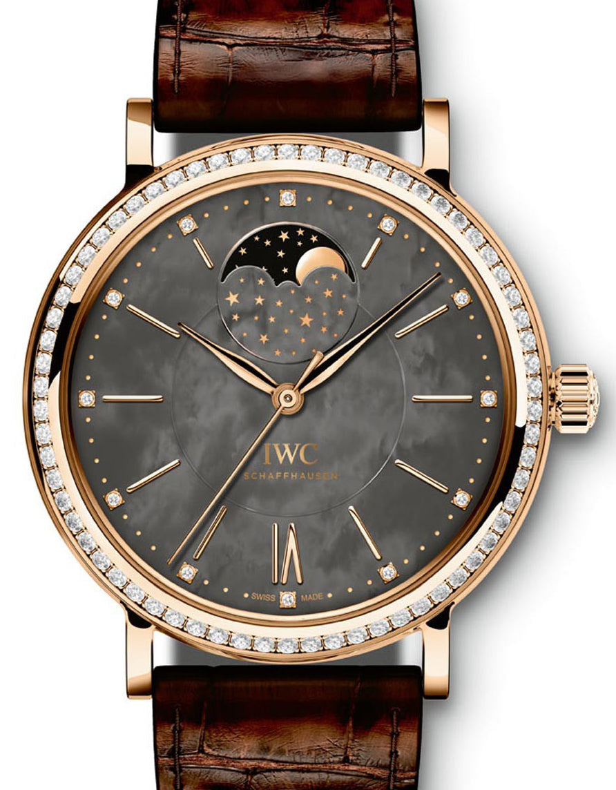 IWC Portofino IW459003 red gold 37mm moon phase watch with diamond bezel and dark mother of pearl dial