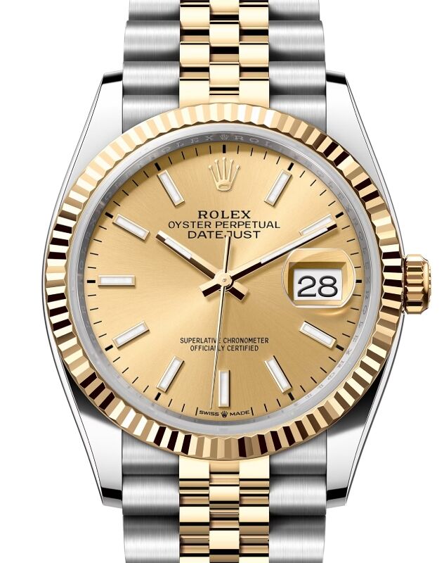 Rolex Datejust 36 126233 yellow Rolesor with fluted bezel, champagne index dial and Jubilee bracelet