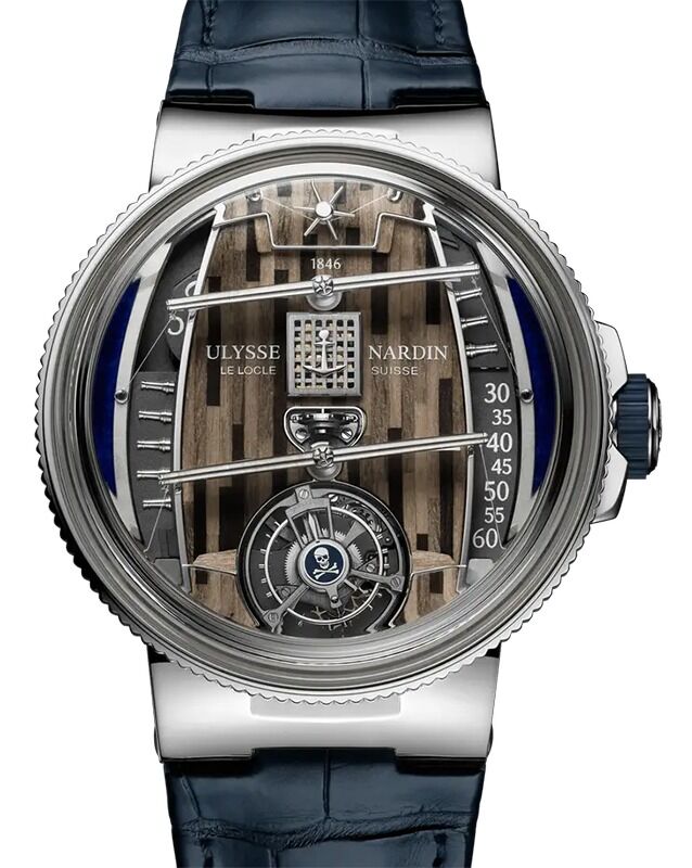 Ulysse Nardin Marine Corsair 6329-100LE-9A-CORSAIRE/1A, 44 mm platinum case with blue and brown wood marquetry dial and flying tourbillon on a leather strap