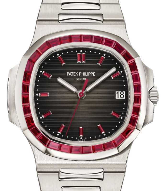 Patek Philippe Nautilus Joaillerie Platinum Ruby Baguette Set Bezel & Dial 5711/112P-001