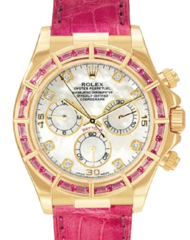 Rolex Cosmograph Daytona 116588SARO in yellow gold with pink sapphire bezel and mother-of-pearl dial
