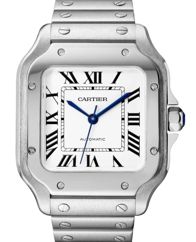 Cartier Santos de Cartier medium model WSSA0029 in steel with silvered Roman numeral dial, blue sword hands and steel bracelet