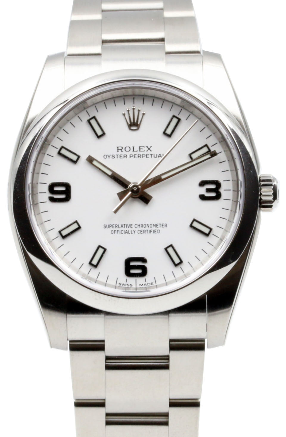 Rolex Oyster Perpetual 114200-WHTADO 34mm White Arabic Domed Stainless Steel