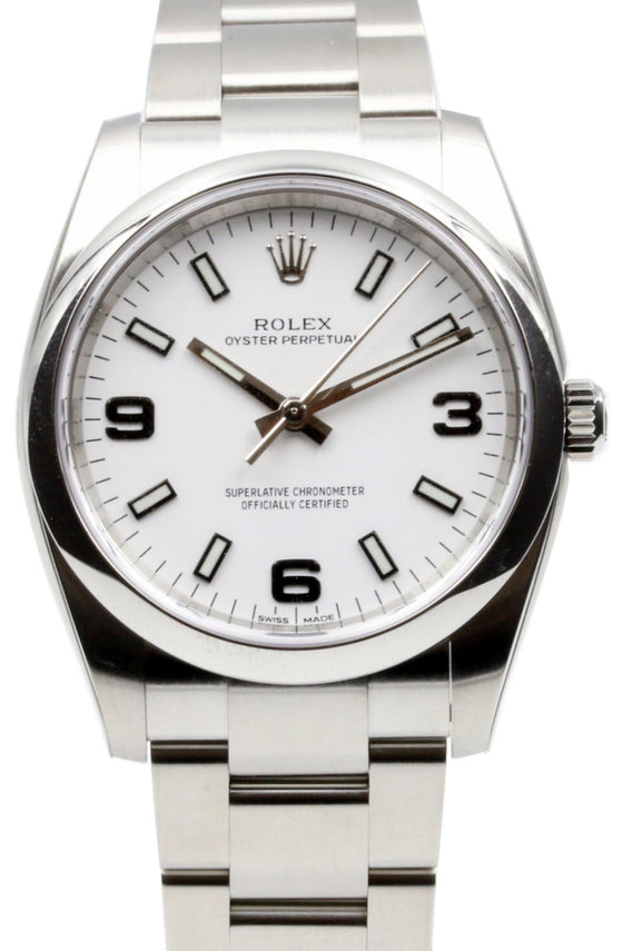 Rolex Oyster Perpetual 114200-WHTADO 34mm White Arabic Domed Stainless Steel