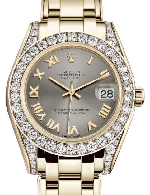 Rolex Pearlmaster 34 81298 18K Yellow Gold White Mother of Pearl Dial Diamond Bezel Pearlmaster Bracelet