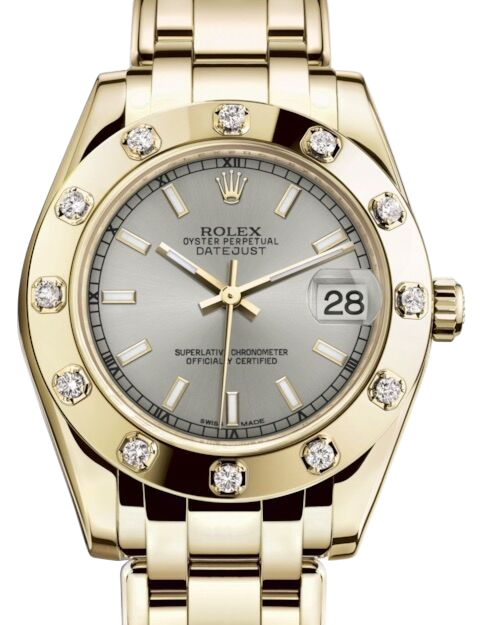 Rolex Pearlmaster 34 81318 Yellow Gold Silver Roman Dial Diamond Bezel Pearlmaster Bracelet