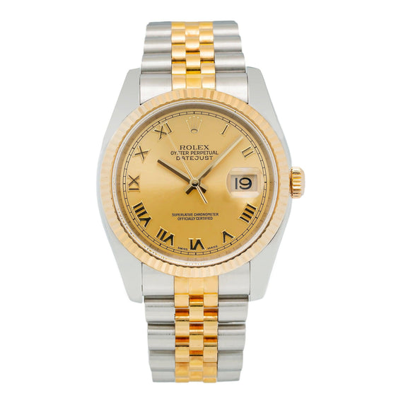 Rolex Datejust 36 116233-GLSRFJ Champagne Sunbeam Roman Fluted Yellow Gold Stainless Steel Jubilee - BRAND NEW