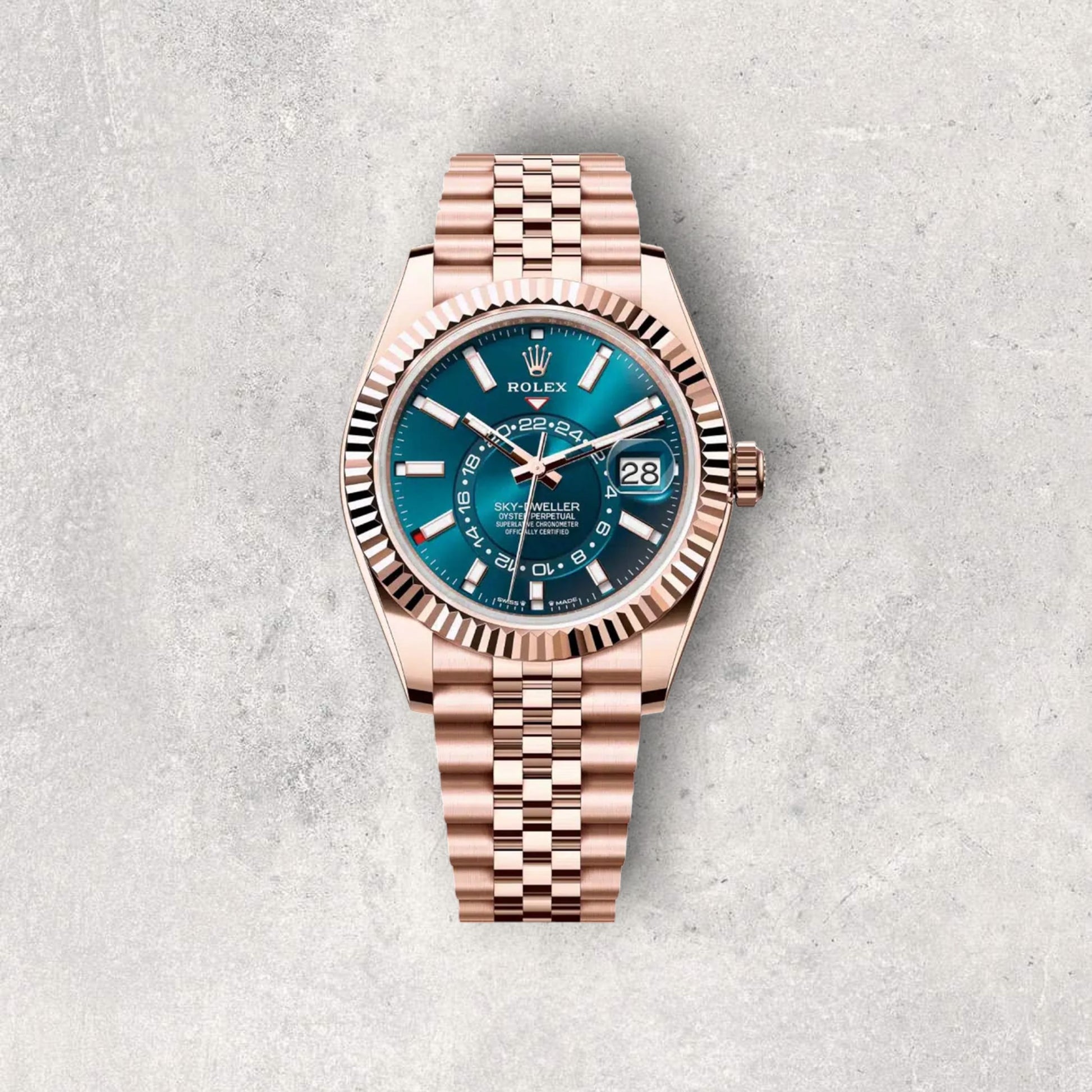 Rolex Sky-Dweller 336935 Everose Gold Blue Dial Jubilee Bracelet Fluted Bezel