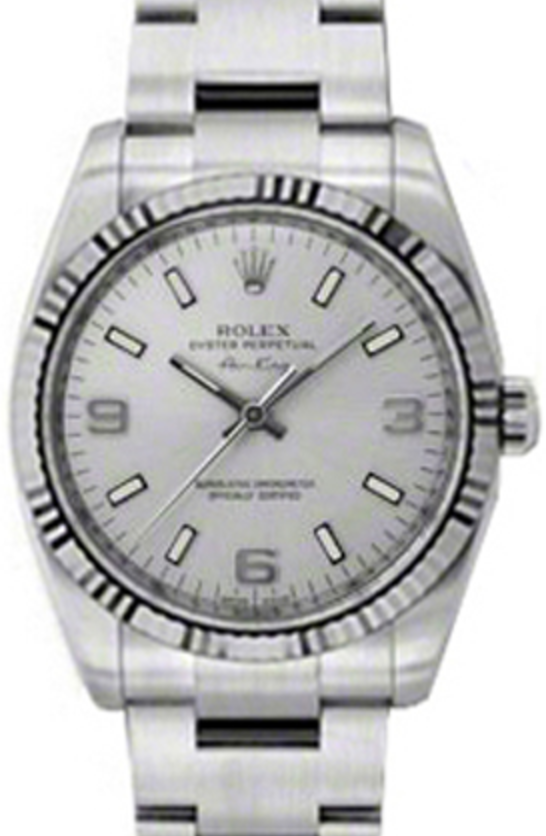 Rolex Air-King 114234-SLVSAFO Silver Arabic / Index Fluted White Gold Bezel Stainless Steel Oyster