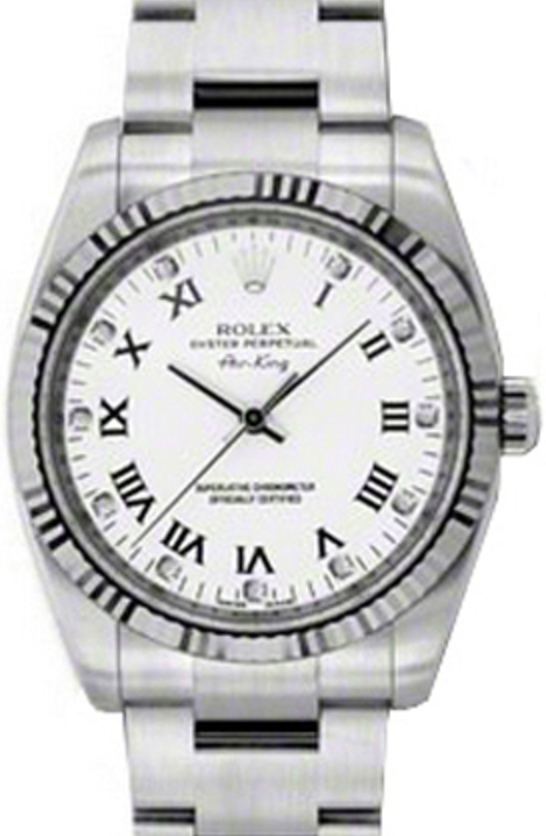 Rolex Air-King 114234-WHTDRFO White Roman Set with Diamonds Fluted White Gold Bezel Stainless Steel Oyster