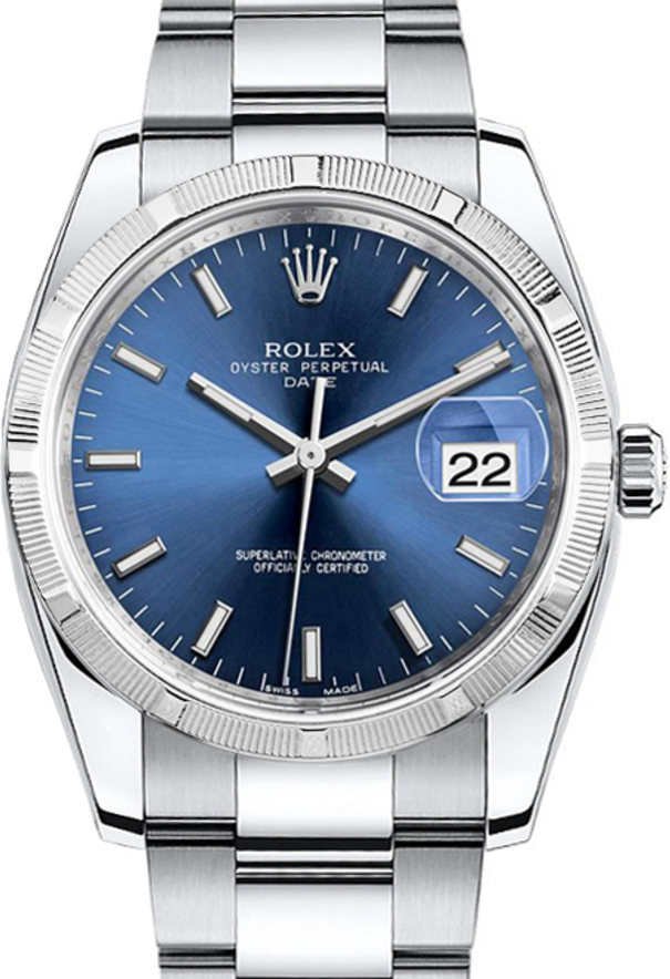 Rolex Oyster Perpetual Date 34 115210-BLUSFO Blue White Index Engine-Turned Bezel Stainless Steel Oyster
