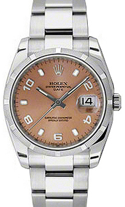 Rolex Oyster Perpetual Date 34 115210-PNKAFO Pink Arabic / Index Engine-Turned Bezel Stainless Steel Oyster - BRAND NEW
