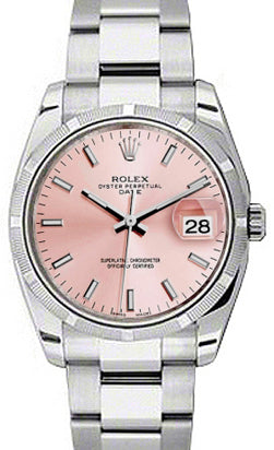 Rolex Oyster Perpetual Date 34 Stainless Steel Pink Arabic / Index Dial & Engine-Turned Bezel Oyster Bracelet 115210