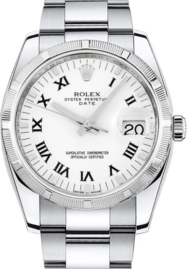 Rolex Oyster Perpetual Date 34 115210-WHTRFO White Roman Engine-Turned Bezel Stainless Steel Oyster - BRAND NEW