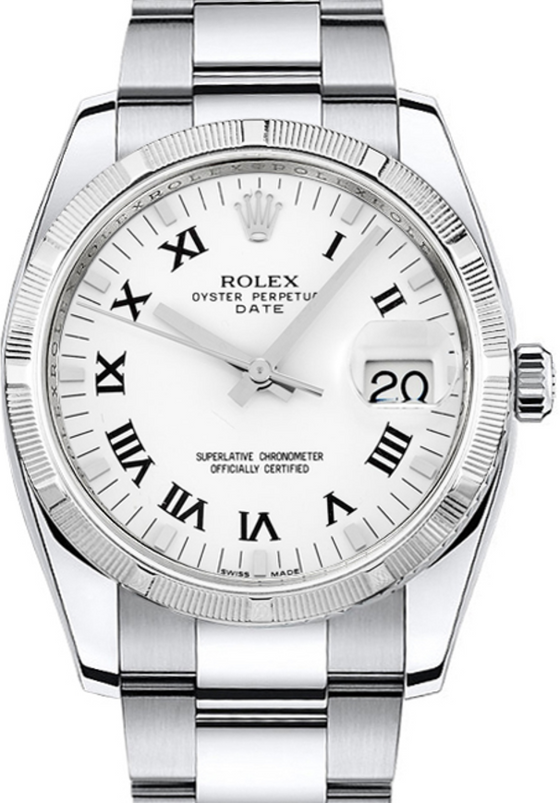 Rolex Oyster Perpetual Date 34 115210-WHTRFO White Roman Engine-Turned Bezel Stainless Steel Oyster - BRAND NEW