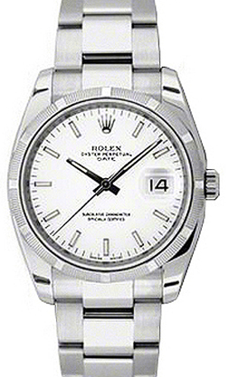 Rolex Oyster Perpetual Date 34 Stainless Steel White Index Dial & Engine-Turned Bezel Oyster Bracelet 115210