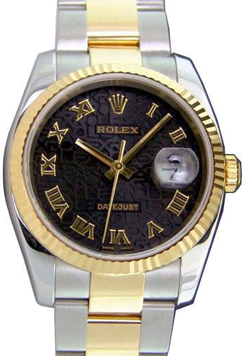 Rolex Datejust 36 116233-BKJRFO Black Jubilee Dial Roman Fluted Yellow Gold Stainless Steel Oyster - BRAND NEW