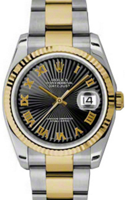 Rolex Datejust 36 116233-BKSRFO Black Sunbeam Roman Fluted Yellow Gold Stainless Steel Oyster - BRAND NEW