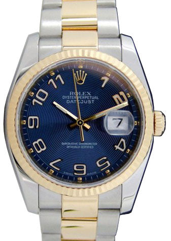 Rolex Datejust 36 116233-BLCAFO Blue Concentric Arabic Fluted Yellow Gold Stainless Steel Oyster - BRAND NEW