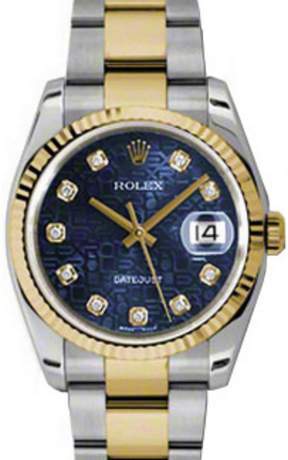 Rolex Datejust 36 116233-BLJDFO Blue Jubilee Dial Diamond Fluted Yellow Gold Stainless Steel Oyster - BRAND NEW