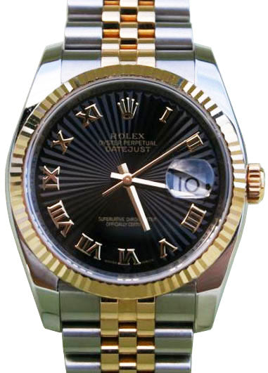Rolex Datejust 36 116233-BLKRFJ Black Sunbeam Roman Fluted Yellow Gold Stainless Steel Jubilee - BRAND NEW