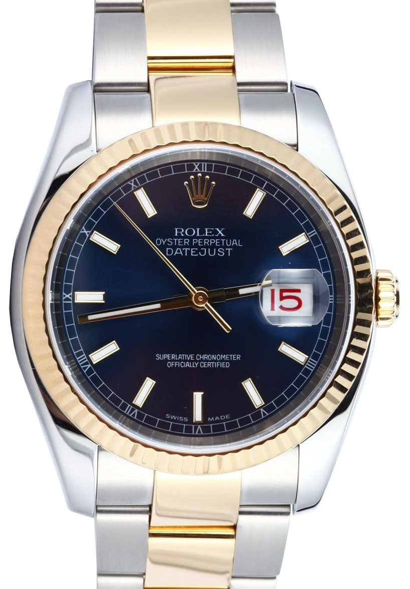 Rolex Datejust 36 116233-BLUSFO Blue Index Fluted Yellow Gold Stainless Steel Oyster - BRAND NEW
