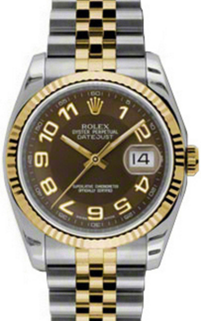 Rolex Datejust 36 116233-BRNAFJ Brown Arabic Fluted Yellow Gold Stainless Steel Jubilee - BRAND NEW