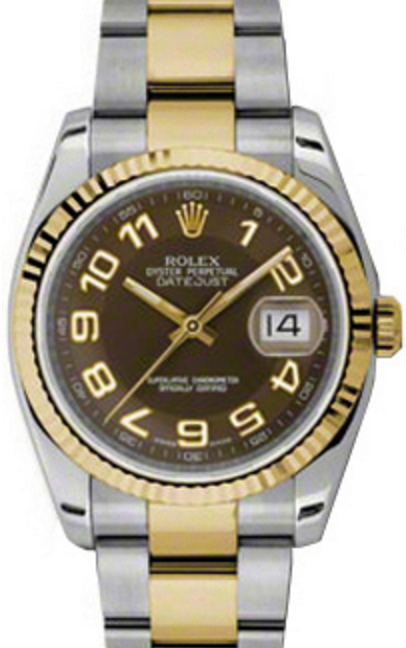 Rolex Datejust 36 116233-BRNAFO Brown Arabic Fluted Yellow Gold Stainless Steel Oyster - BRAND NEW